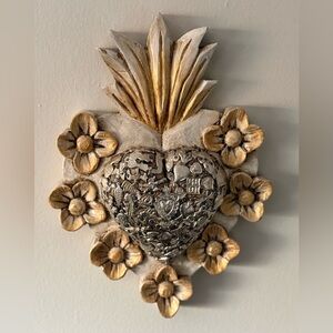 Handmade in Mexico Sacred Heart with silver  Milagros art- about 8 inches